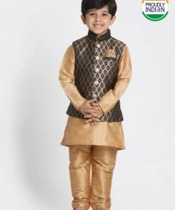 JBN Creation Boys' Gold Cotton Silk Blend Kurta, Waistcoat And Pyjama Set