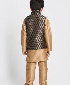 JBN Creation Boys' Gold Cotton Silk Blend Kurta, Waistcoat And Pyjama Set
