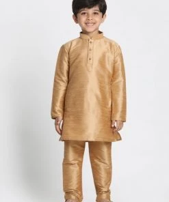 JBN Creation Boys' Gold Cotton Silk Blend Kurta, Waistcoat And Pyjama Set