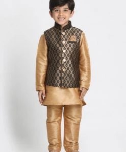 JBN Creation Boys' Gold Cotton Silk Blend Kurta, Waistcoat And Pyjama Set
