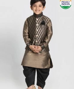 JBN Creation Boys' Gold Cotton Silk Blend Ethnic Jacket, Kurta And Dhoti Pant Set