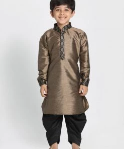 JBN Creation Boys' Gold Cotton Silk Blend Ethnic Jacket, Kurta And Dhoti Pant Set