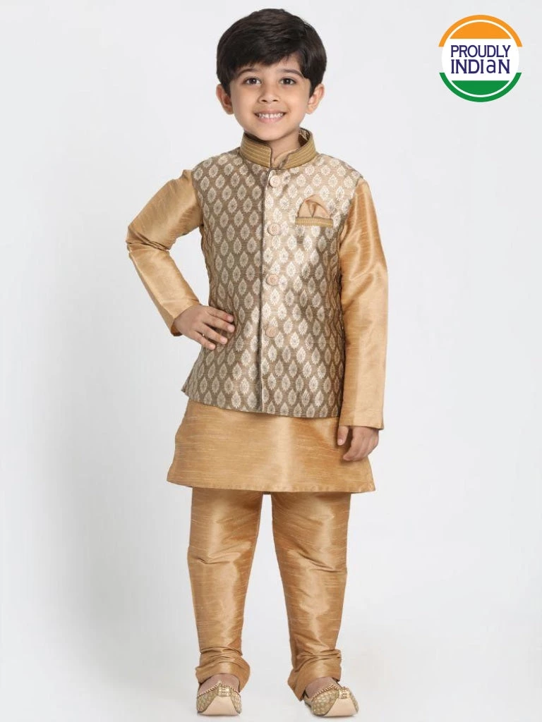 JBN Creation Boys' Gold Cotton Silk Blend Kurta, Waistcoat And Pyjama Set 3 JBN Creation Boys' Gold Cotton Silk Blend Kurta, Waistcoat And Pyjama Set