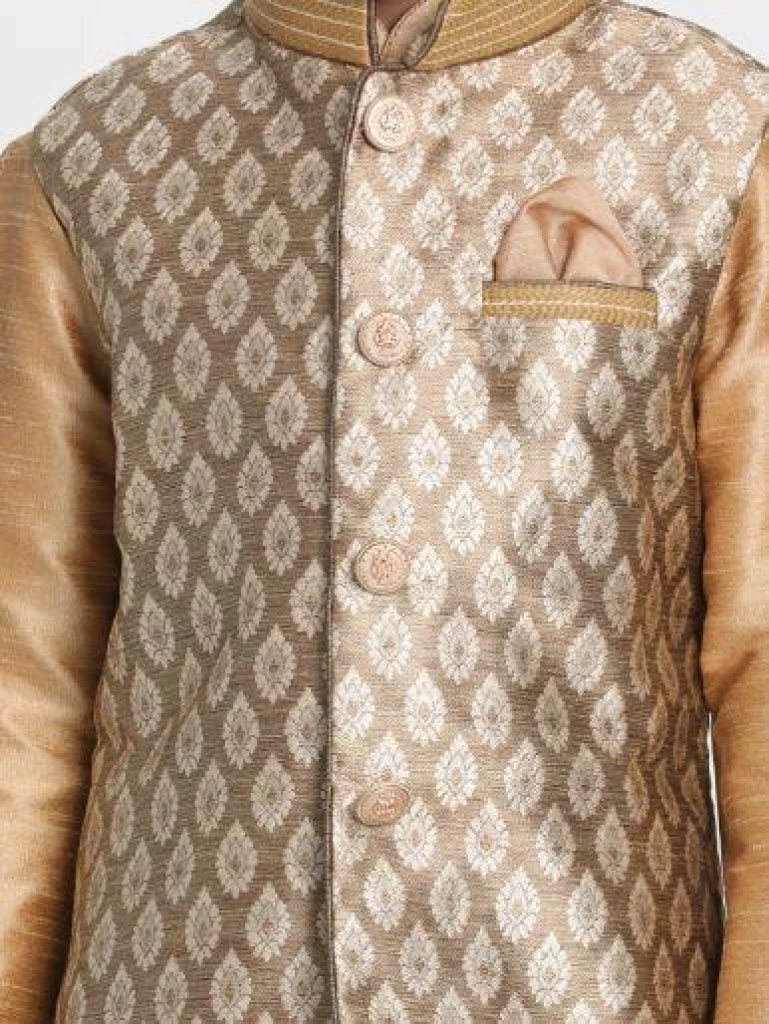 JBN Creation Boys' Gold Cotton Silk Blend Kurta, Waistcoat And Pyjama Set 4 JBN Creation Boys' Gold Cotton Silk Blend Kurta, Waistcoat And Pyjama Set
