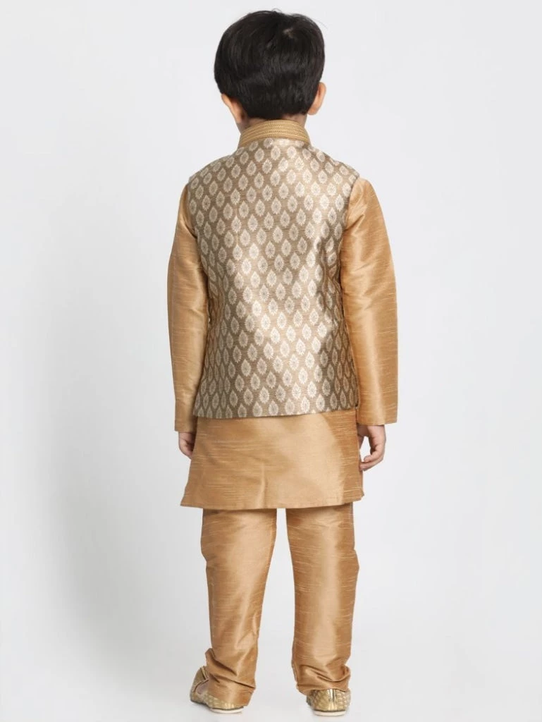 JBN Creation Boys' Gold Cotton Silk Blend Kurta, Waistcoat And Pyjama Set 5 JBN Creation Boys' Gold Cotton Silk Blend Kurta, Waistcoat And Pyjama Set