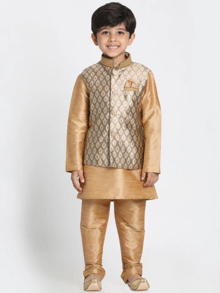 JBN Creation Boys' Gold Cotton Silk Blend Kurta, Waistcoat And Pyjama Set 8 JBN Creation Boys' Gold Cotton Silk Blend Kurta, Waistcoat And Pyjama Set