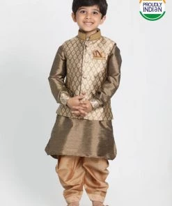 JBN Creation Boys' Gold Cotton Silk Blend Ethnic Jacket, Kurta And Dhoti Pant Set