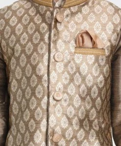 JBN Creation Boys' Gold Cotton Silk Blend Ethnic Jacket, Kurta And Dhoti Pant Set