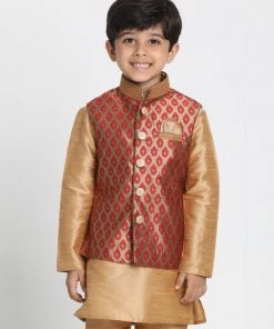 Vastramay Silk Blend Maroon And Gold Baap Beta Ethnic Jacket