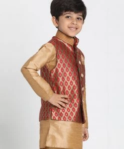 Vastramay Silk Blend Maroon And Gold Baap Beta Ethnic Jacket