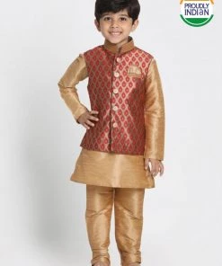JBN Creation Boys' Gold Cotton Silk Blend Kurta, Waistcoat And Pyjama Set