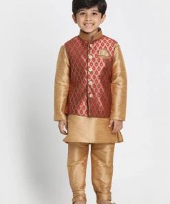JBN Creation Boys' Gold Cotton Silk Blend Kurta, Waistcoat And Pyjama Set