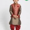 JBN Creation Boys' Gold Cotton Silk Blend Ethnic Jacket, Kurta And Dhoti Pant Set