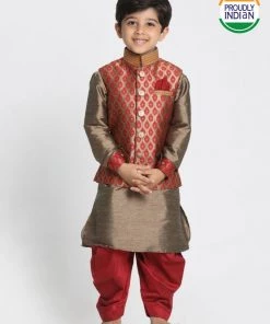 JBN Creation Boys' Gold Cotton Silk Blend Ethnic Jacket, Kurta And Dhoti Pant Set