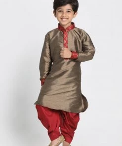 JBN Creation Boys' Gold Cotton Silk Blend Ethnic Jacket, Kurta And Dhoti Pant Set