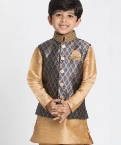 JBN Creation Boys' Deep Blue Cotton Silk Blend Nehru Jacket