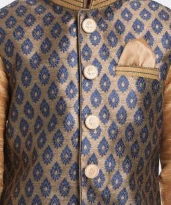 JBN Creation Boys' Gold Cotton Silk Blend Kurta, Waistcoat And Pyjama Set