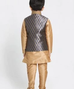 JBN Creation Boys' Gold Cotton Silk Blend Kurta, Waistcoat And Pyjama Set