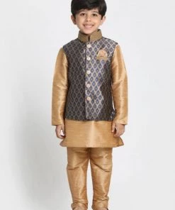 JBN Creation Boys' Gold Cotton Silk Blend Kurta, Waistcoat And Pyjama Set