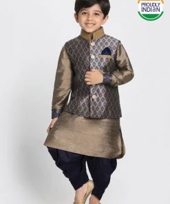 JBN Creation Boys' Gold Cotton Silk Blend Ethnic Jacket, Kurta And Dhoti Pant Set