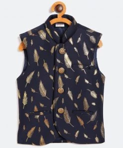 Boys VASTRAMAY Navy Blue And Gold Scuba Foil Print Nehru Jacket
