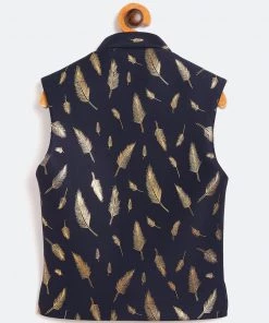Boys VASTRAMAY Navy Blue And Gold Scuba Foil Print Nehru Jacket