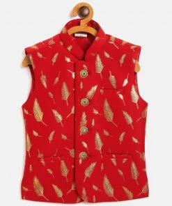 VASTRAMAY Red And Gold Scuba Foil Print Nehru Jacket