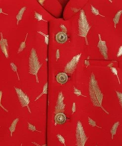 VASTRAMAY Red And Gold Scuba Foil Print Nehru Jacket