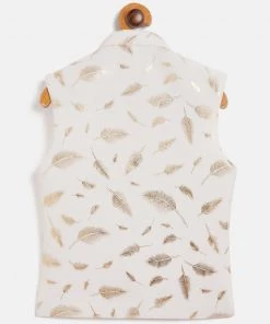 Boys VASTRAMAY White And Gold Scuba Foil Print Nehru Jacket