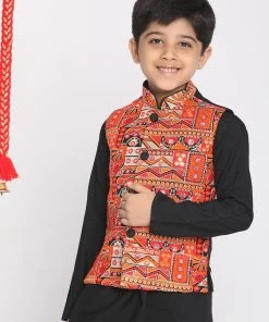VASTRAMAY Boys' Orange And Black Nehru Jacket