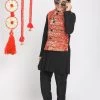 VASTRAMAY Boys' Orange And Black Jacket, Kurta And Pyjama Set