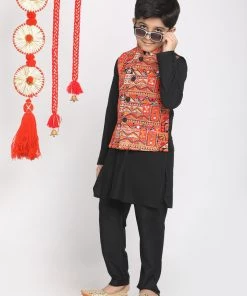VASTRAMAY Boys' Orange And Black Jacket, Kurta And Pyjama Set