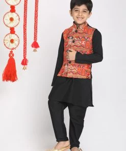 VASTRAMAY Boys' Orange And Black Jacket, Kurta And Pyjama Set