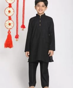 VASTRAMAY Boys' Orange And Black Jacket, Kurta And Pyjama Set
