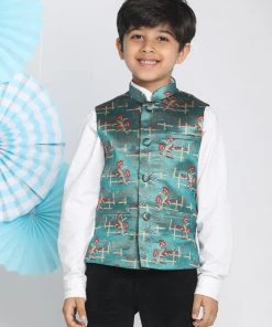 Vastramay Boys' Multicolor-Base-Green Jacquard Nehru Jacket