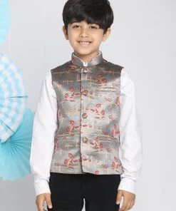 Vastramay Boys' Multicolor-Base-Grey Jacquard Nehru Jacket