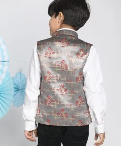 Vastramay Boys' Multicolor-Base-Grey Jacquard Nehru Jacket