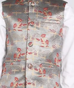 Vastramay Boys' Multicolor-Base-Grey Jacquard Nehru Jacket