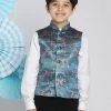 Vastramay Boys' Multicolor-Base-Turquoise Jacquard Nehru Jacket