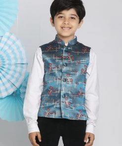 Vastramay Boys' Multicolor-Base-Turquoise Jacquard Nehru Jacket