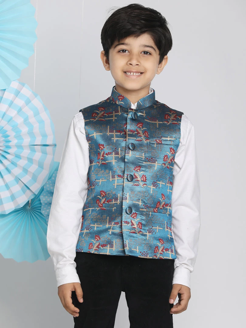 Vastramay Boys' Multicolor-Base-Turquoise Jacquard Nehru Jacket 3 Vastramay Boys' Multicolor-Base-Turquoise Jacquard Nehru Jacket