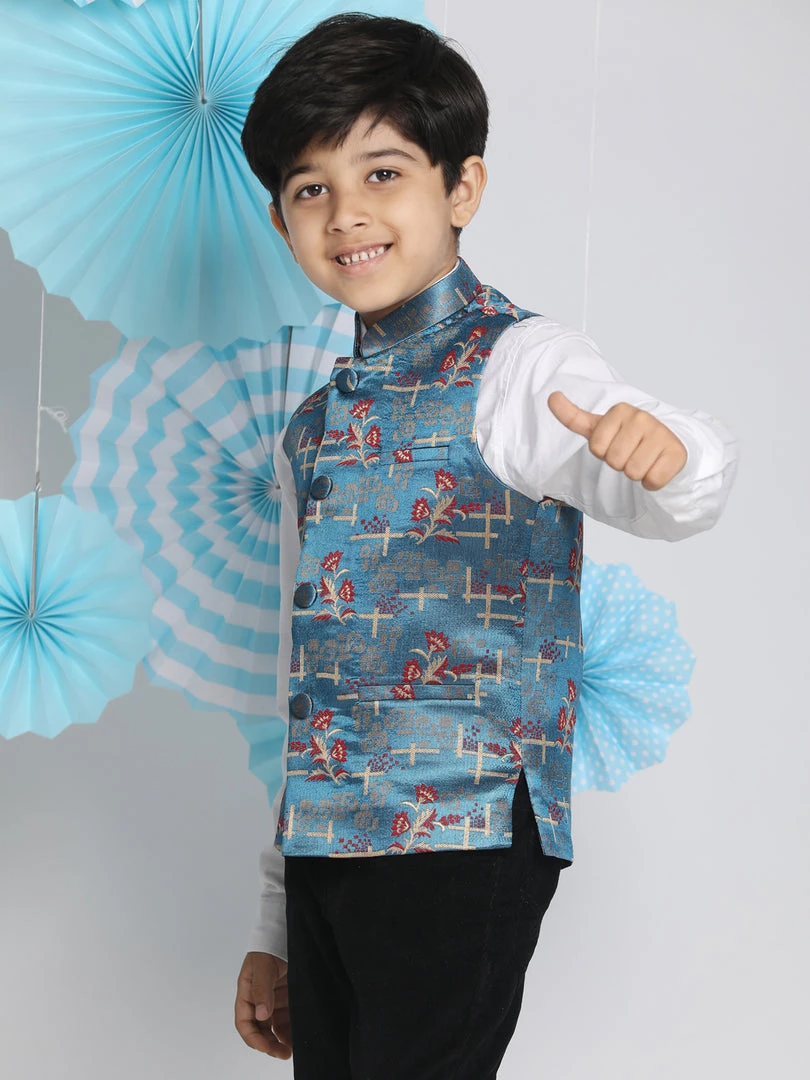 Vastramay Boys' Multicolor-Base-Turquoise Jacquard Nehru Jacket 4 Vastramay Boys' Multicolor-Base-Turquoise Jacquard Nehru Jacket