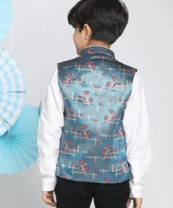 Vastramay Boys' Multicolor-Base-Turquoise Jacquard Nehru Jacket 10 Vastramay Boys' Multicolor-Base-Turquoise Jacquard Nehru Jacket