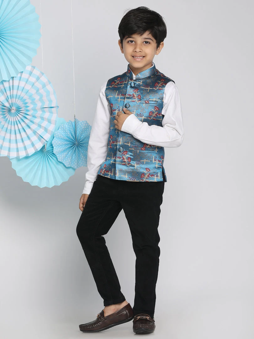 Vastramay Boys' Multicolor-Base-Turquoise Jacquard Nehru Jacket 7 Vastramay Boys' Multicolor-Base-Turquoise Jacquard Nehru Jacket