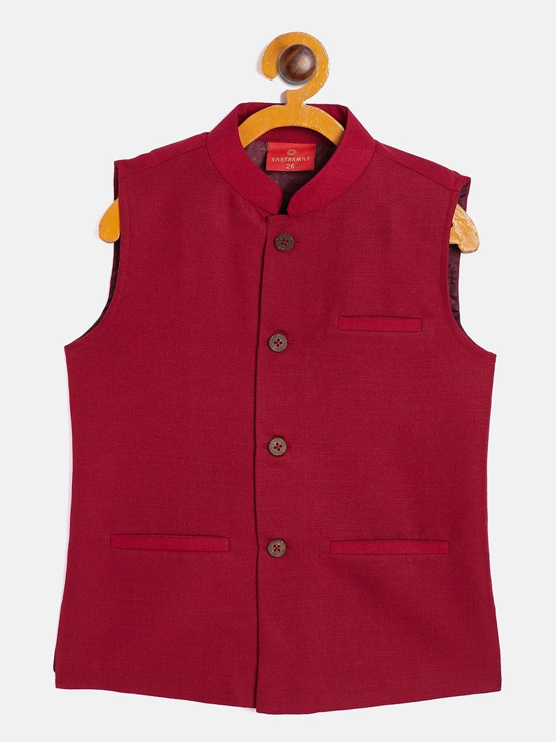 Vastramay Boys' Maroon Cotton Blend Slim Fit Nehru Jacket 3 Vastramay Boys' Maroon Cotton Blend Slim Fit Nehru Jacket