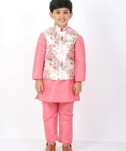 VASTRAMAY Boys Floral Printed Nehru Jacket With Silk Blend Solid Kurta Pyjama Set