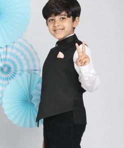 Vastramay Boys Black Solid Satin Nehru Jacket
