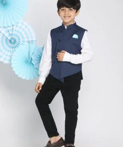 Vastramay Boys Navy Blue Solid Slim-Fit Satin Nehru Jacket