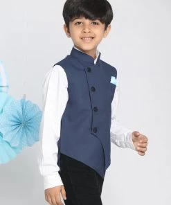 Vastramay Boys Navy Blue Solid Slim-Fit Satin Nehru Jacket
