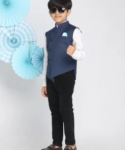 Vastramay Boys Navy Blue Solid Slim-Fit Satin Nehru Jacket